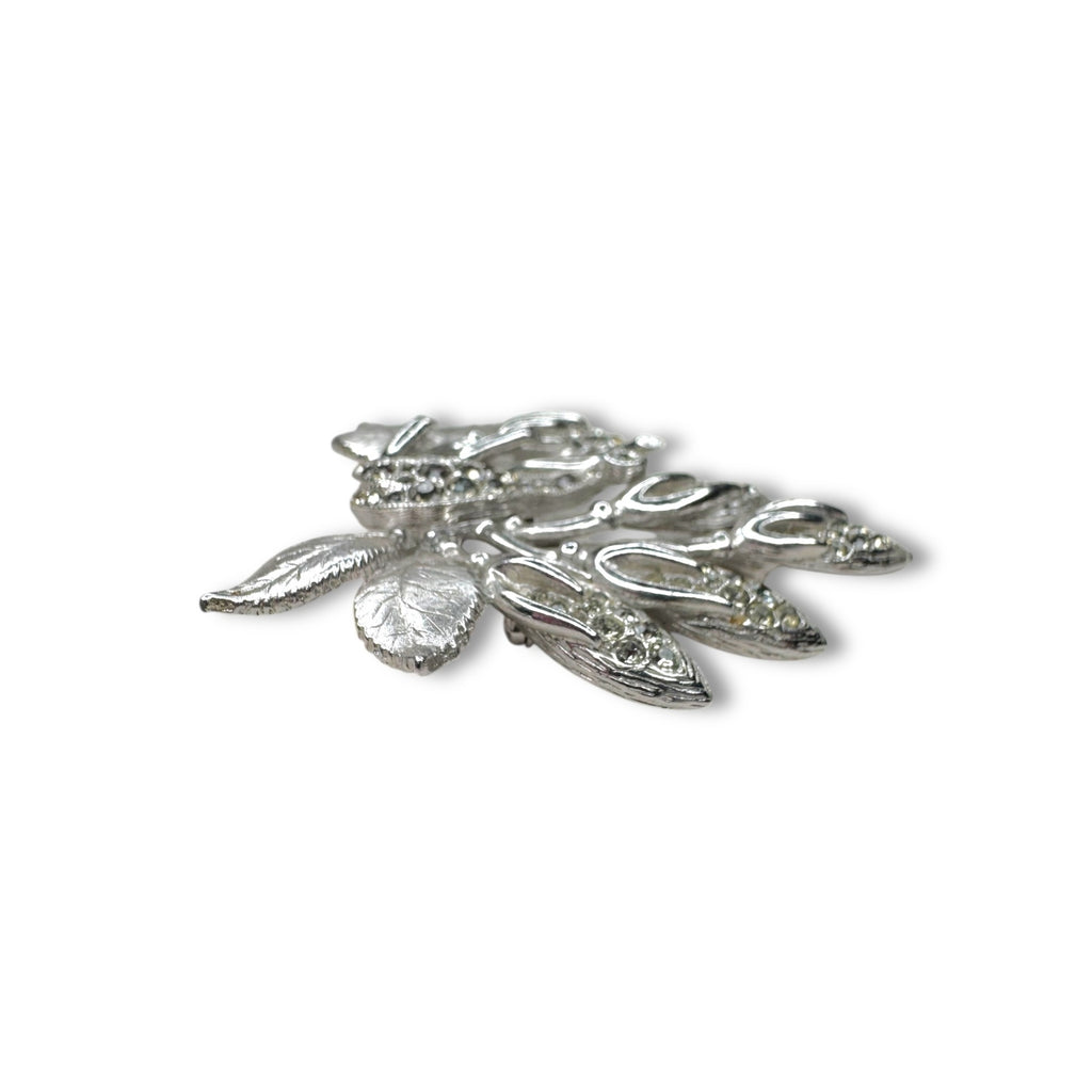 Eisenberg Ice Silver Tone Crystal Leaves Floral Brooch Pin