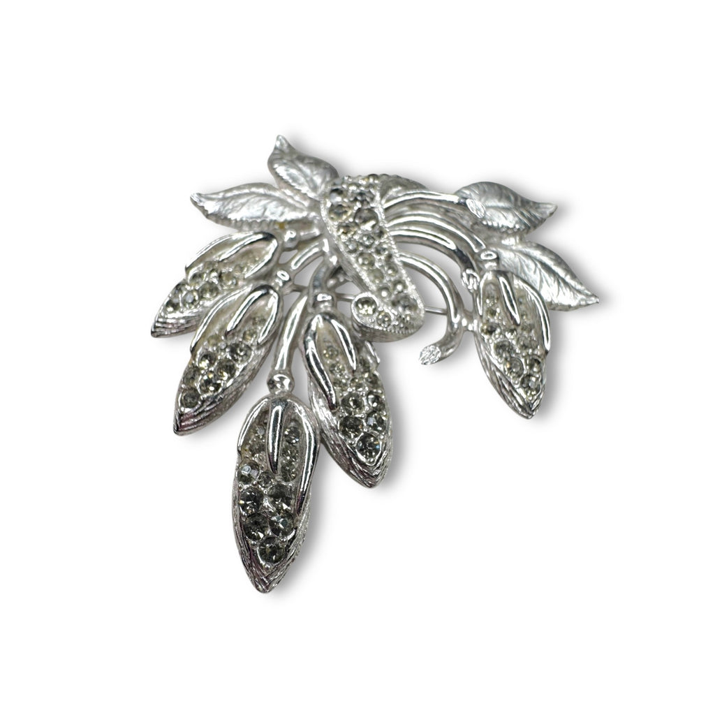 Eisenberg Ice Silver Tone Crystal Leaves Floral Brooch Pin