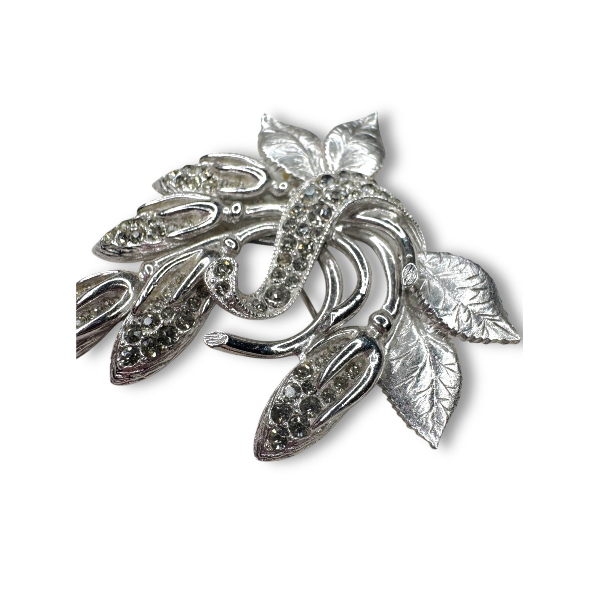 Eisenberg Ice Silver Tone Crystal Leaves Floral Brooch Pin