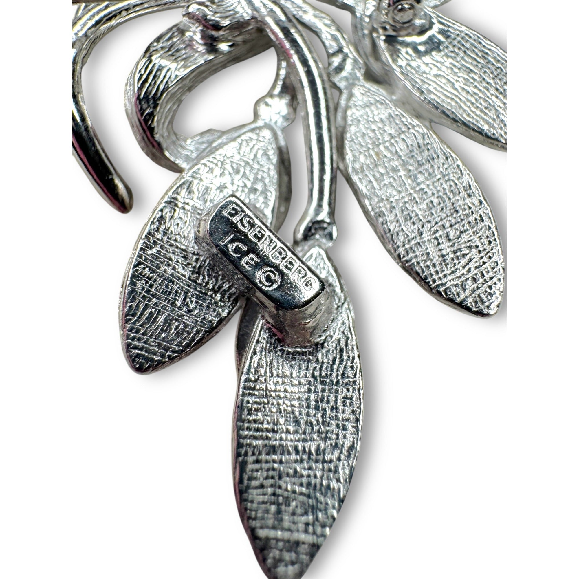 Eisenberg Ice Silver Tone Crystal Leaves Floral Brooch Pin
