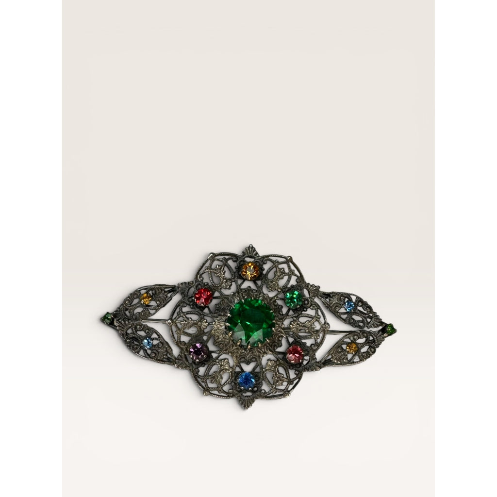 Art Deco Czech Filigree Sash Brooch Green Glass Multi Color Rhinestone