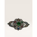 Art Deco Czech Filigree Sash Brooch Green Glass Multi Color Rhinestone