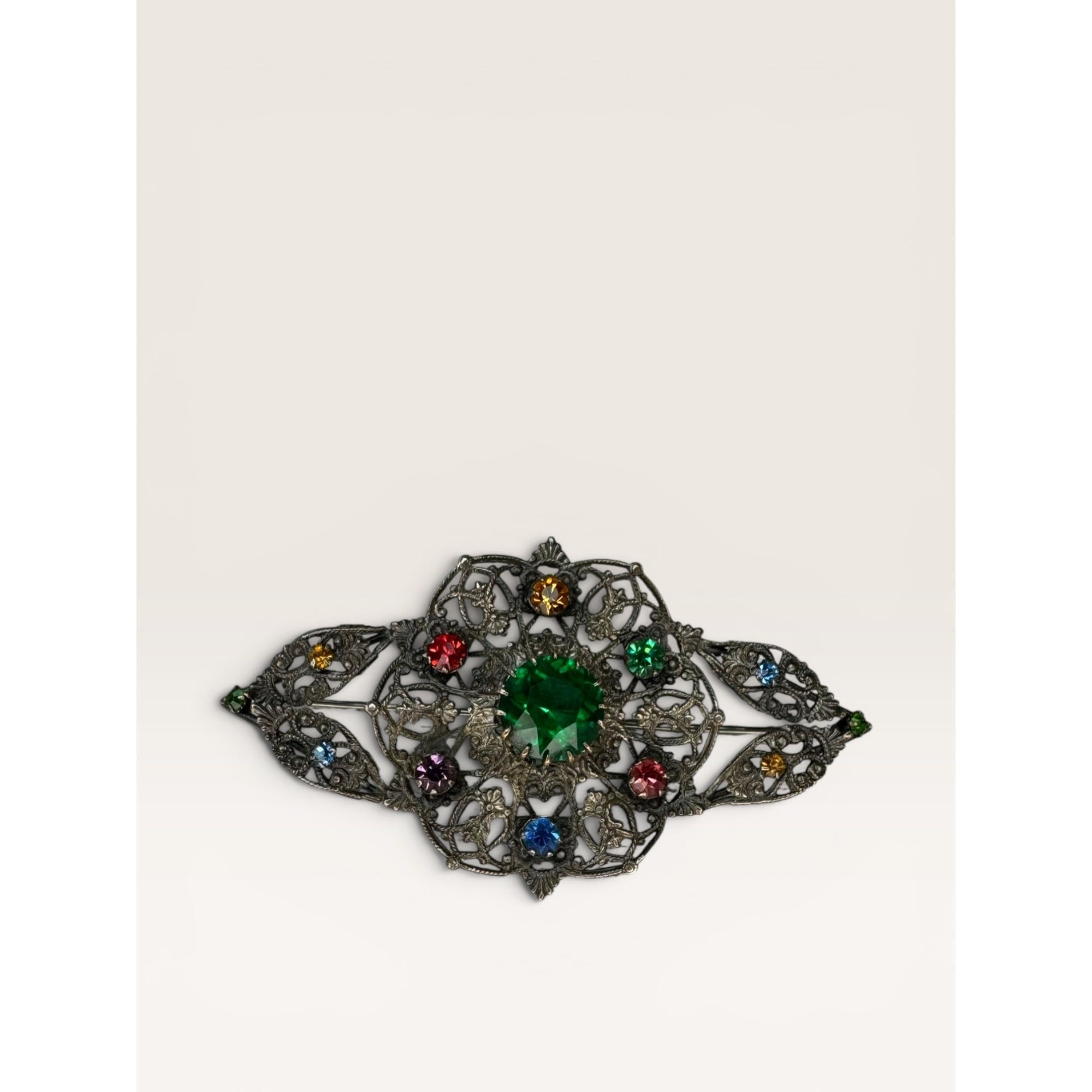 Art Deco Czech Filigree Sash Brooch Green Glass Multi Color Rhinestone