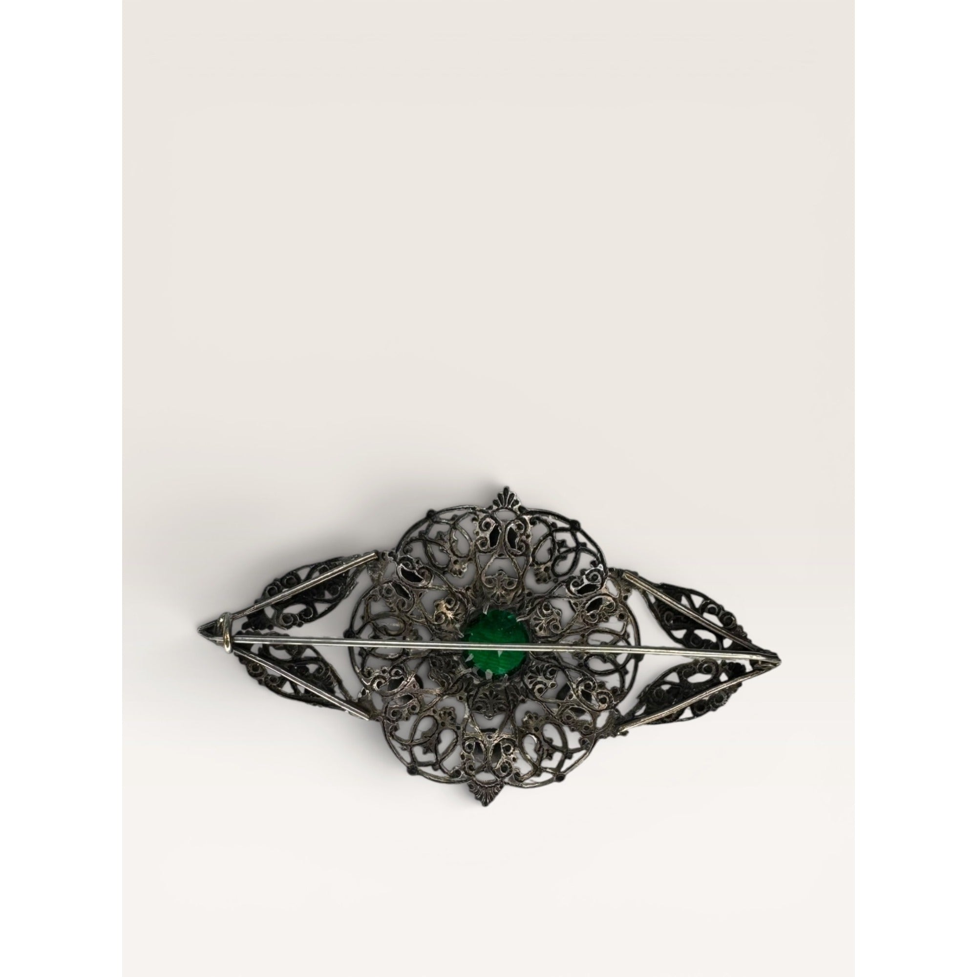 Art Deco Czech Filigree Sash Brooch Green Glass Multi Color Rhinestone