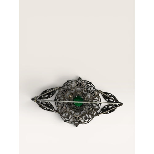 Art Deco Czech Filigree Sash Brooch Green Glass Multi Color Rhinestone