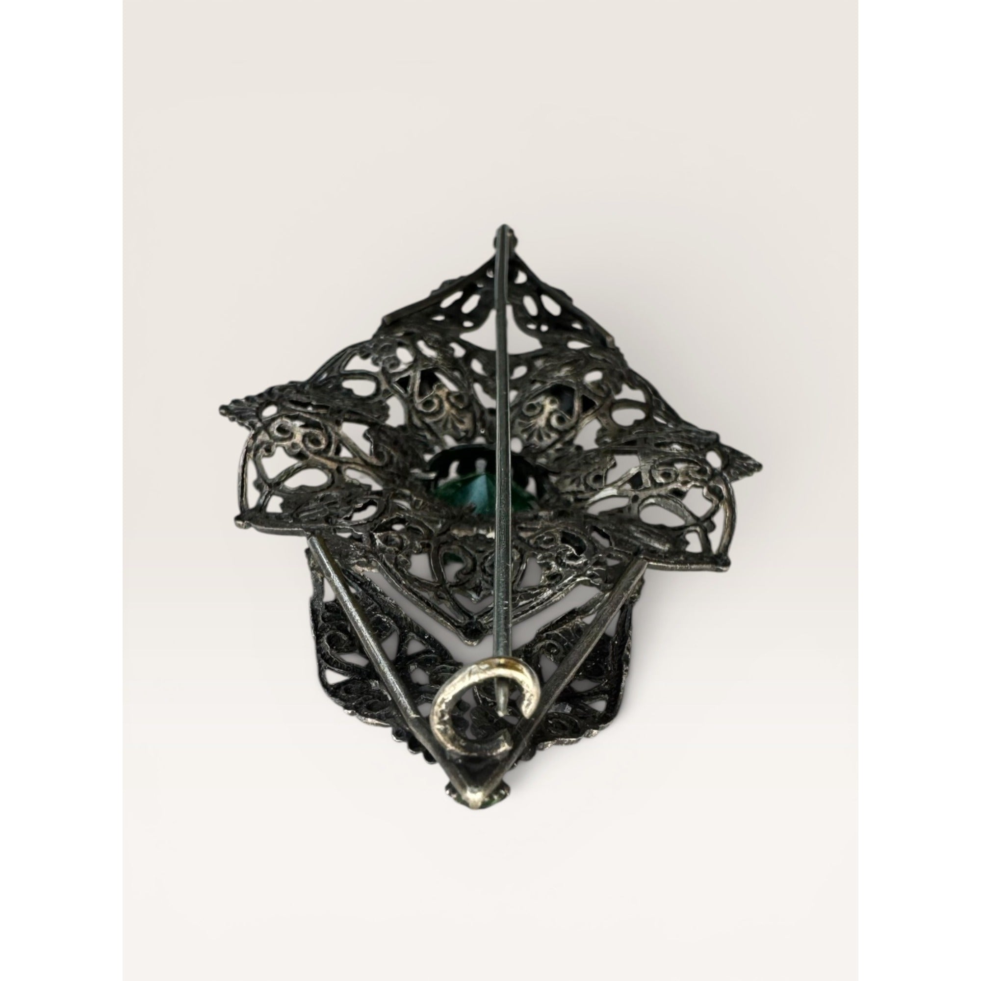 Art Deco Czech Filigree Sash Brooch Green Glass Multi Color Rhinestone