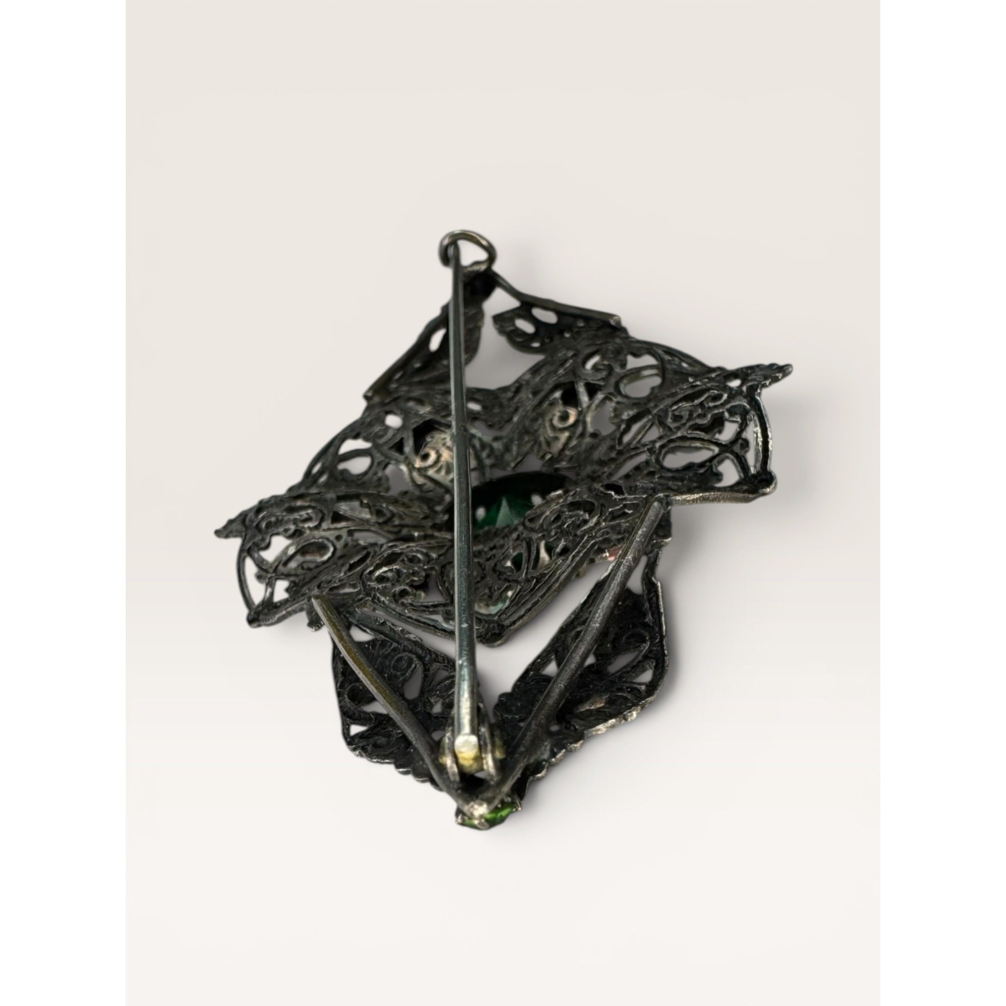 Art Deco Czech Filigree Sash Brooch Green Glass Multi Color Rhinestone