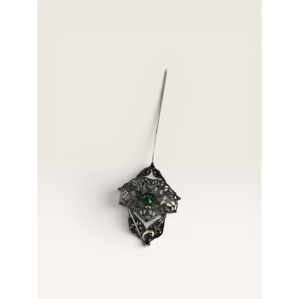 Art Deco Czech Filigree Sash Brooch Green Glass Multi Color Rhinestone