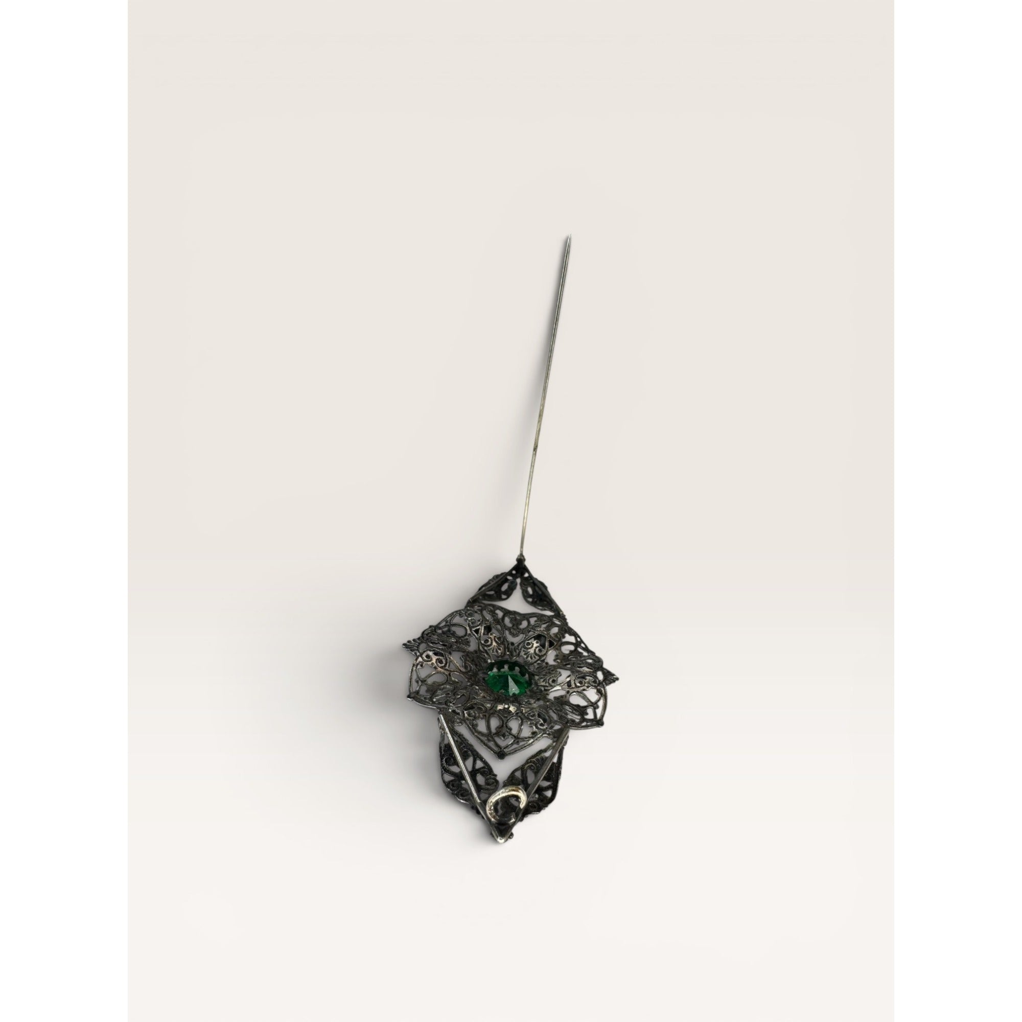 Art Deco Czech Filigree Sash Brooch Green Glass Multi Color Rhinestone