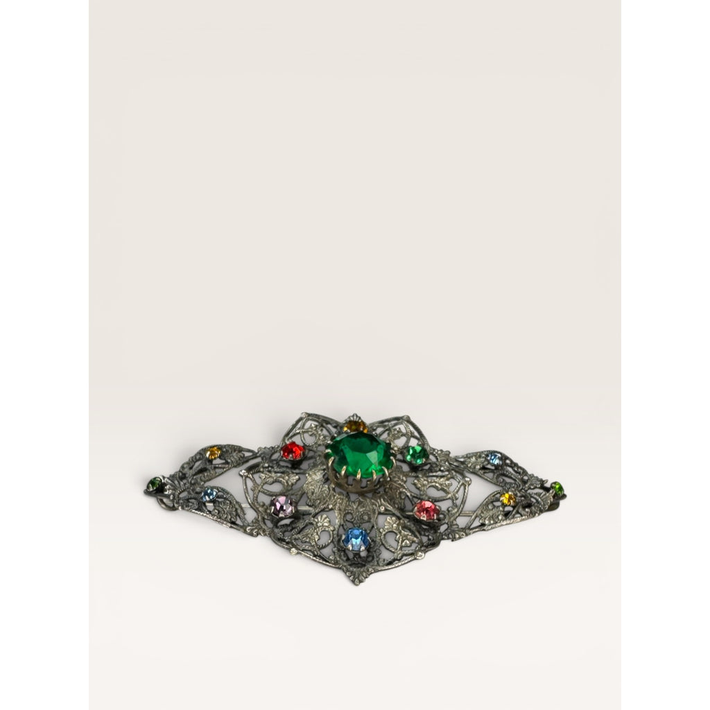 Art Deco Czech Filigree Sash Brooch Green Glass Multi Color Rhinestone