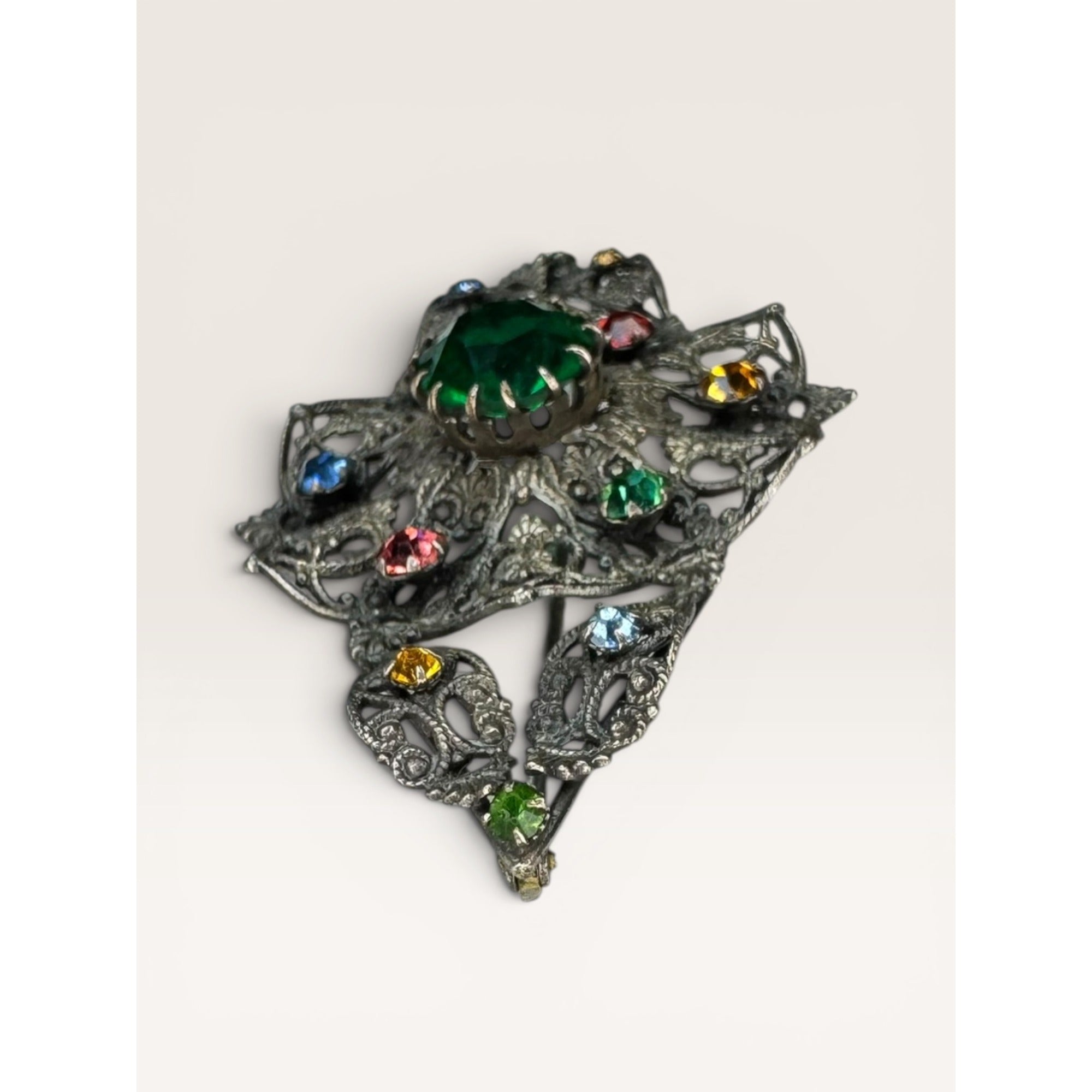 Art Deco Czech Filigree Sash Brooch Green Glass Multi Color Rhinestone