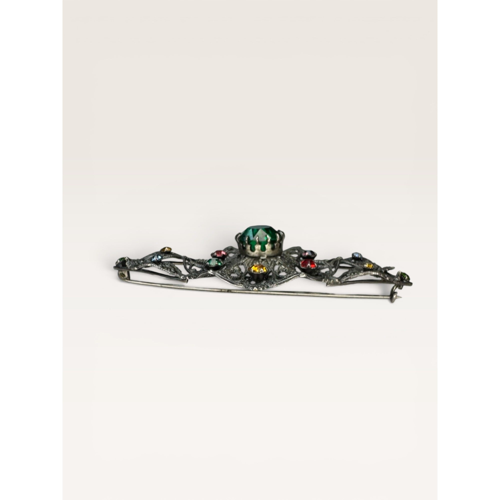 Art Deco Czech Filigree Sash Brooch Green Glass Multi Color Rhinestone