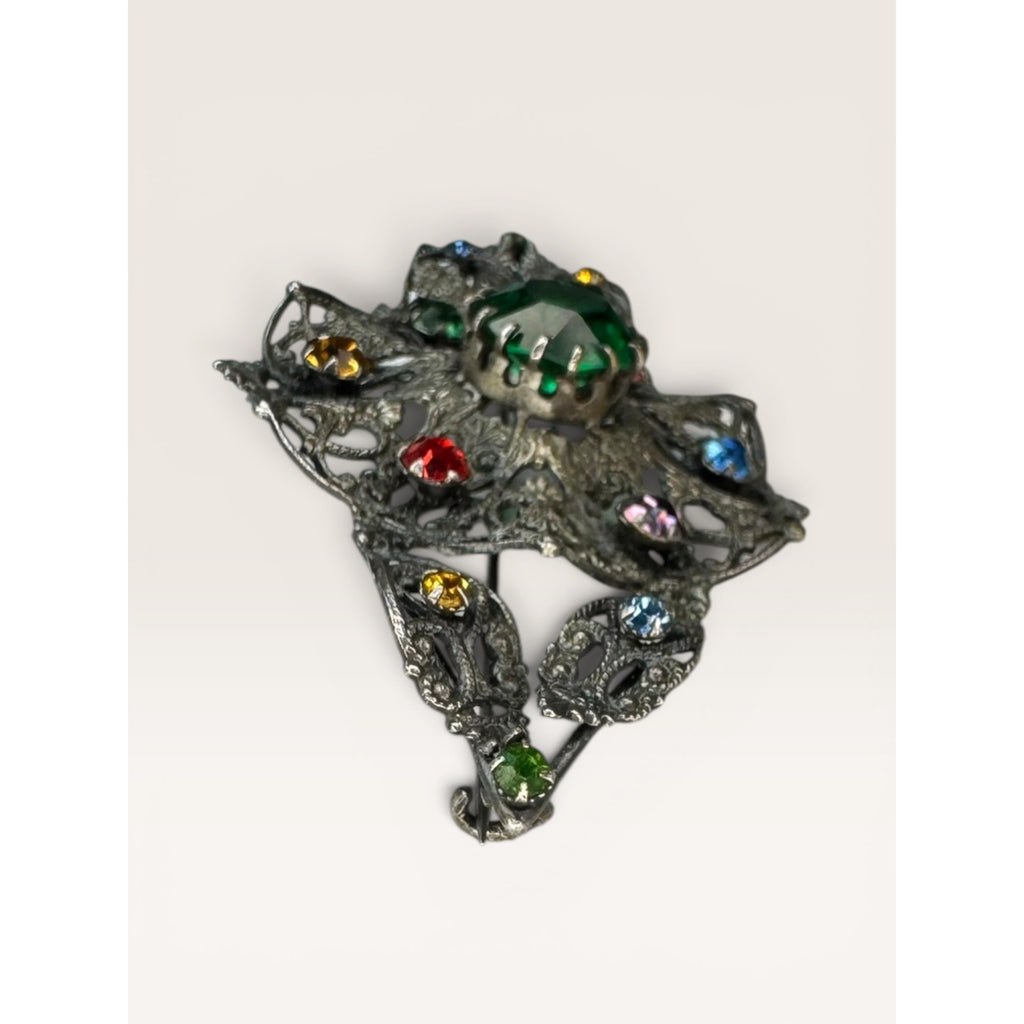 Art Deco Czech Filigree Sash Brooch Green Glass Multi Color Rhinestone