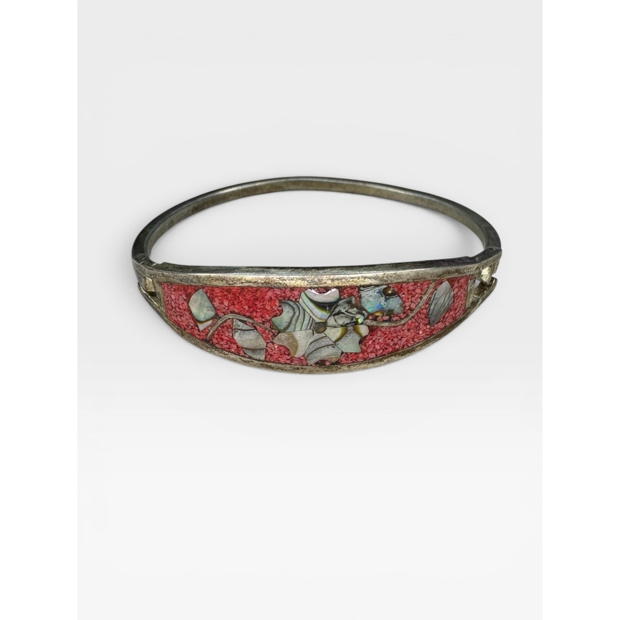 Alpaca Mexico Abalone Inlay Hinged Bangle Pink Mosaic Bracelet
