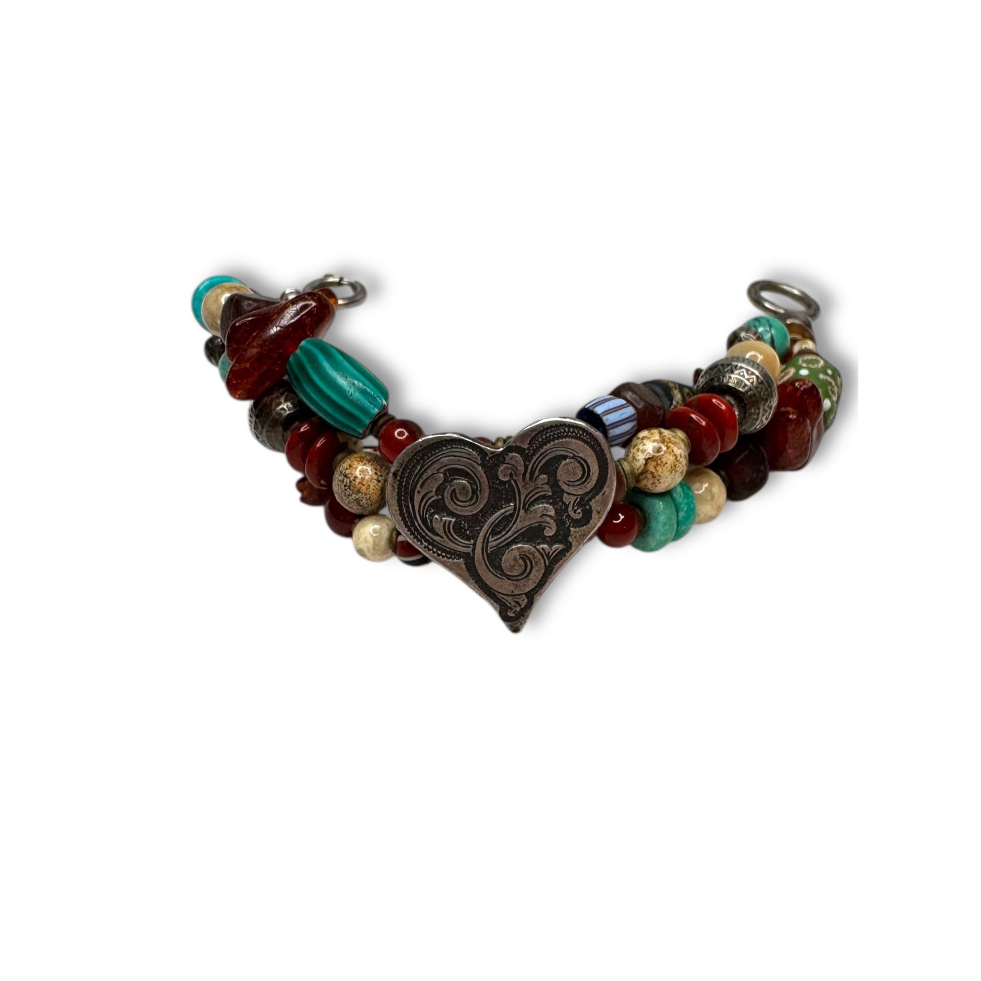 Handcrafted African Trade Bead Bracelet With Heart Centerpiece