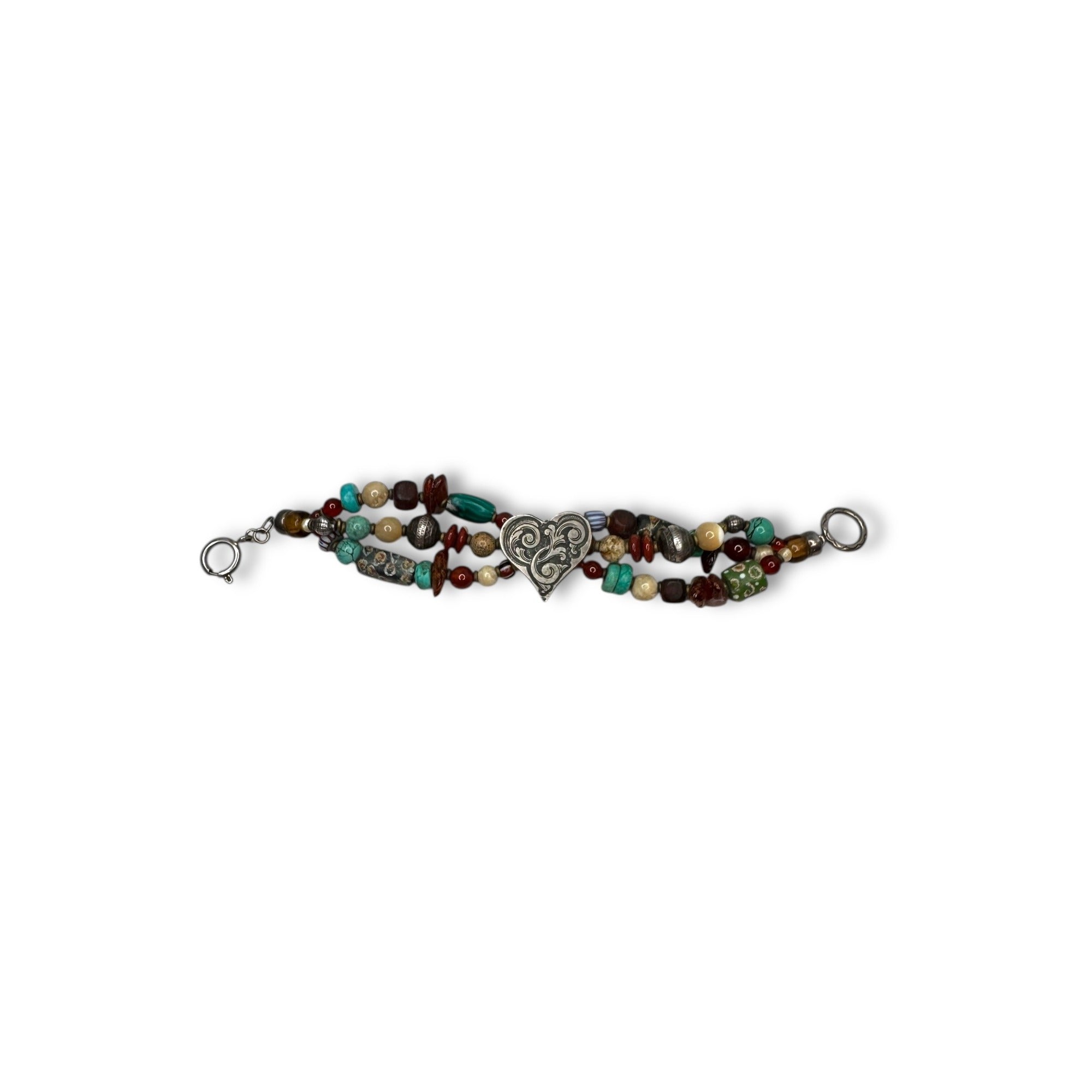 Handcrafted African Trade Bead Bracelet With Heart Centerpiece