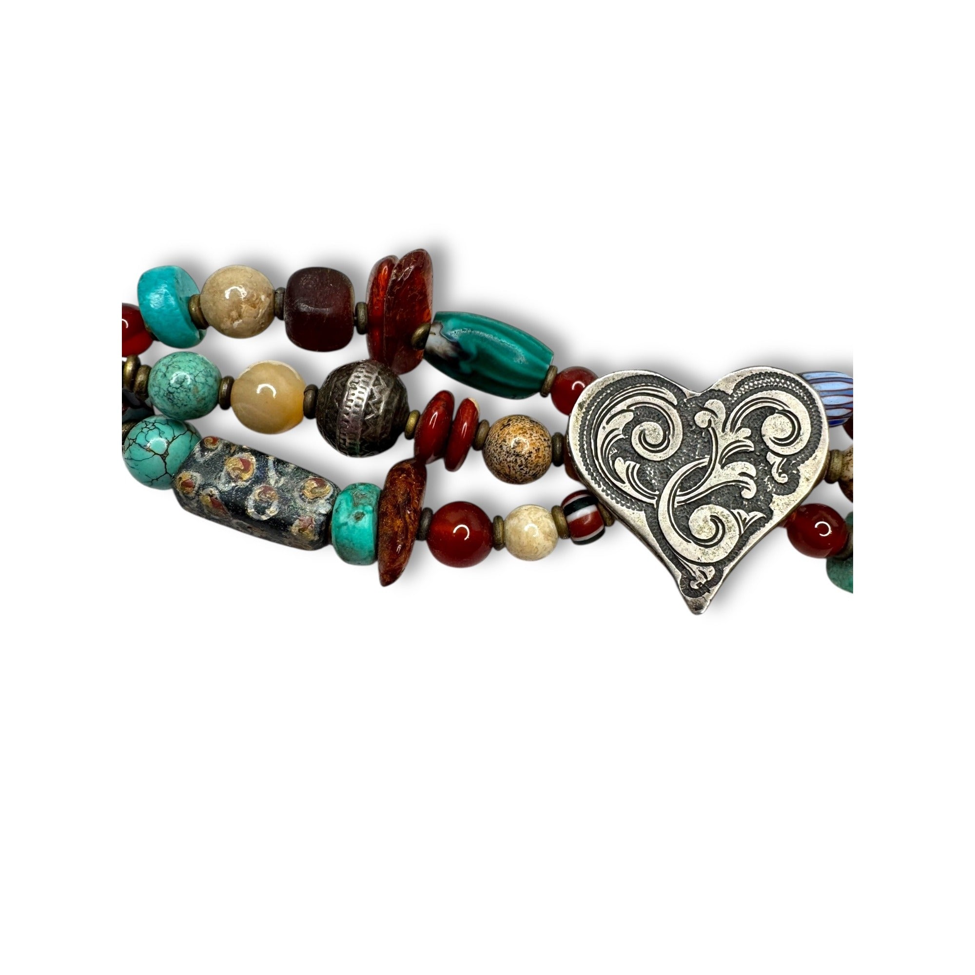 Handcrafted African Trade Bead Bracelet With Heart Centerpiece