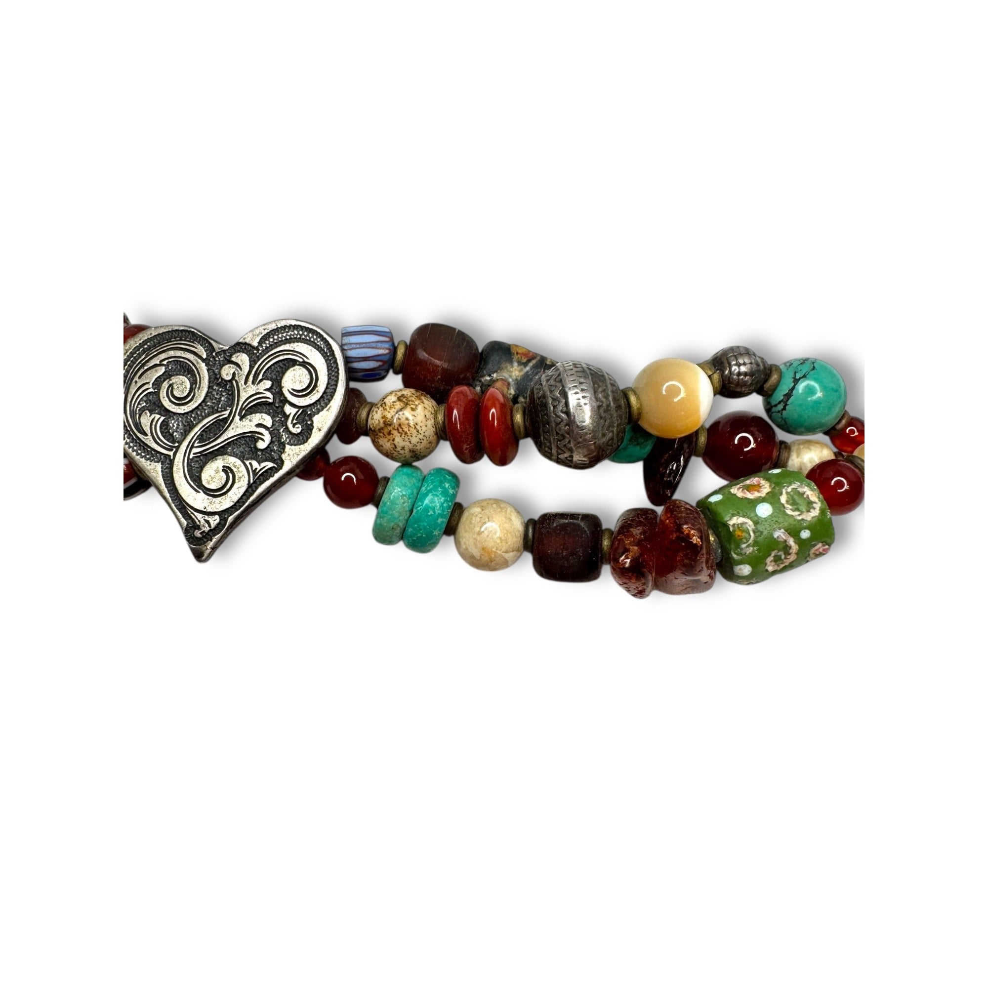 Handcrafted African Trade Bead Bracelet With Heart Centerpiece