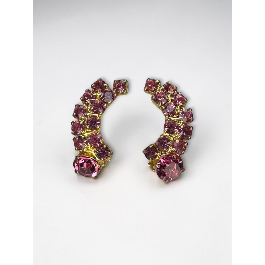 Pink Crystal Climber Earrings Gold Tone Prong Set Curved 1960s Vintage
