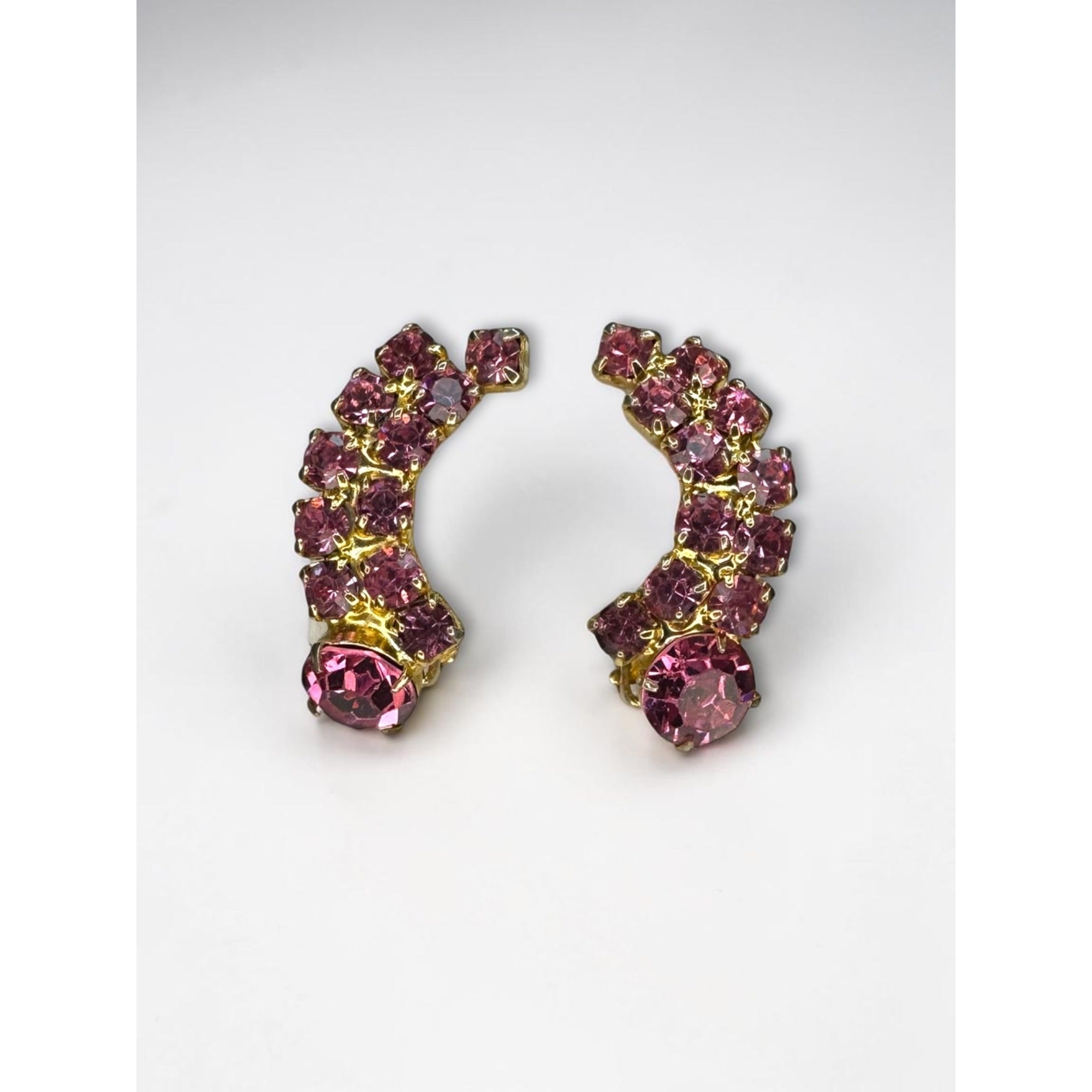 Pink Crystal Climber Earrings Gold Tone Prong Set Curved 1960s Vintage