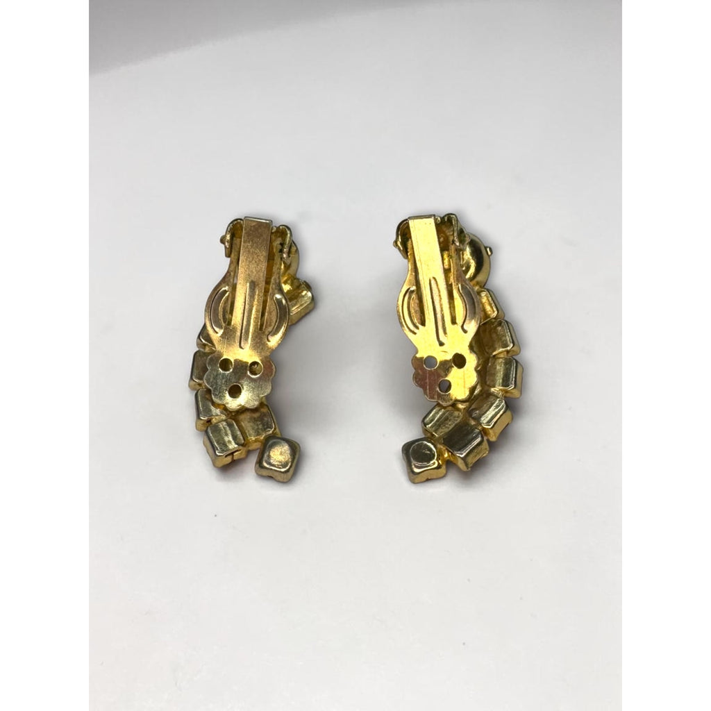 Pink Crystal Climber Earrings Gold Tone Prong Set Curved 1960s Vintage