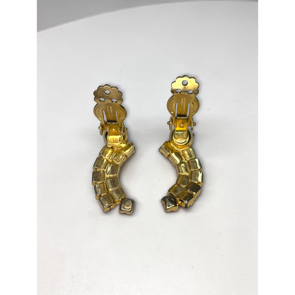 Pink Crystal Climber Earrings Gold Tone Prong Set Curved 1960s Vintage