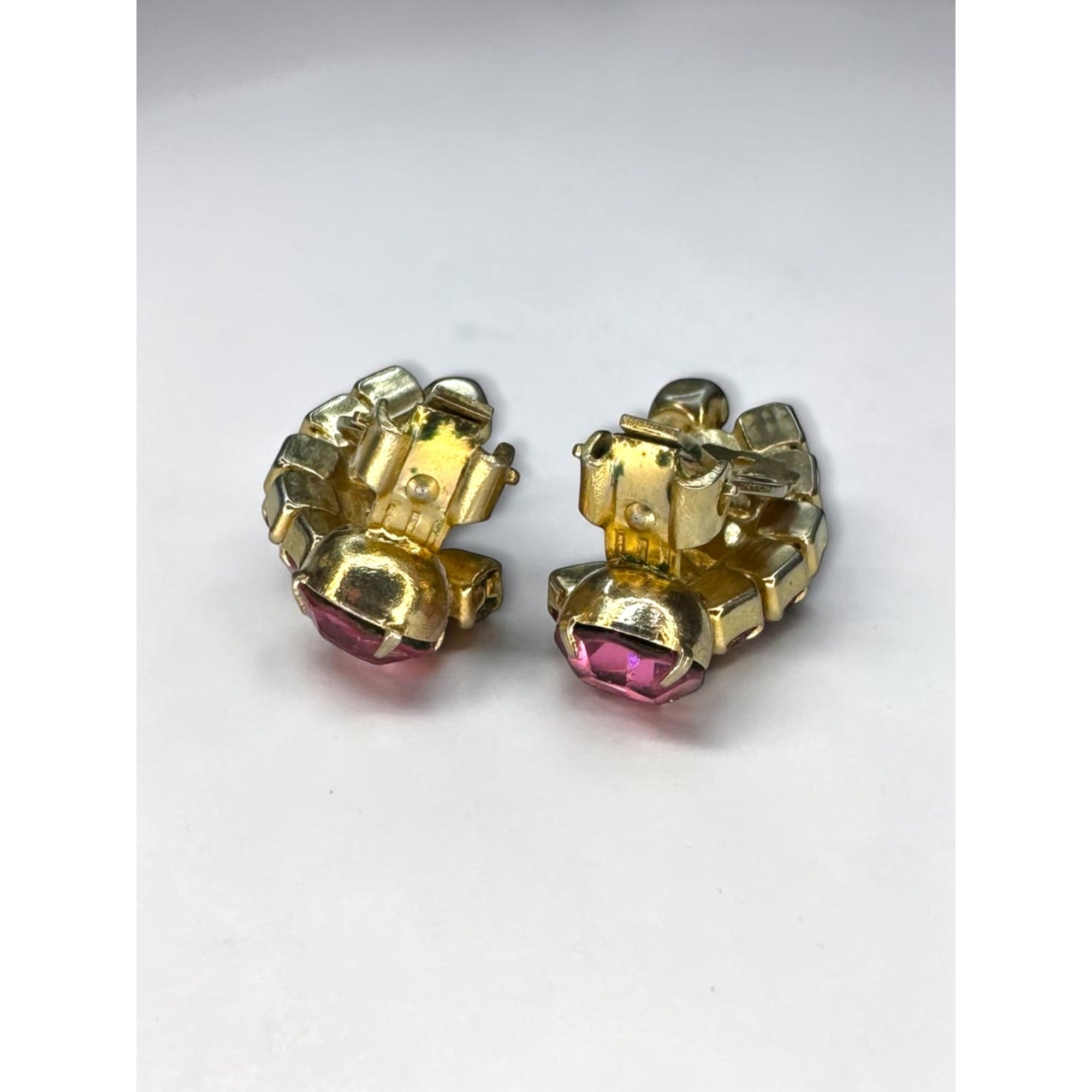 Pink Crystal Climber Earrings Gold Tone Prong Set Curved 1960s Vintage