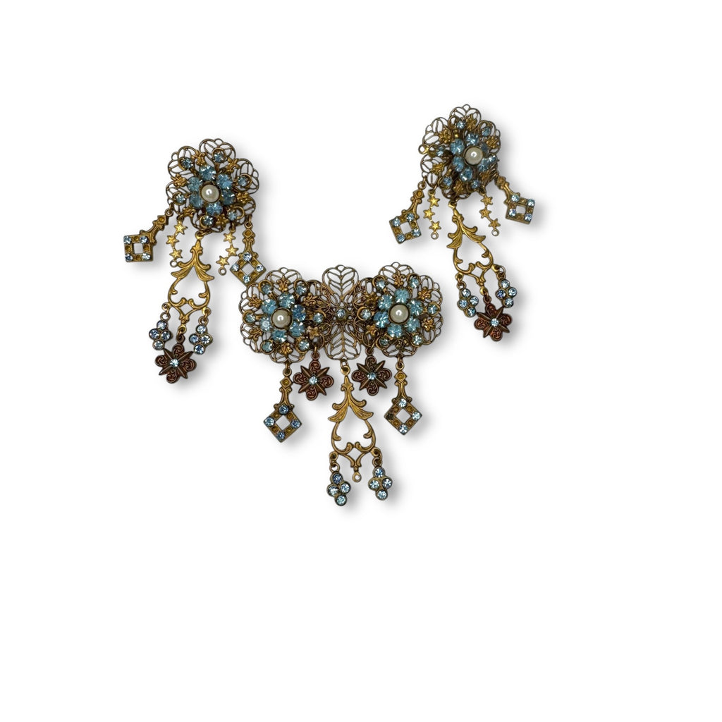 Vintage Filigree Dangle Brooch Earrings Set Blue Rhinestones Pierced
