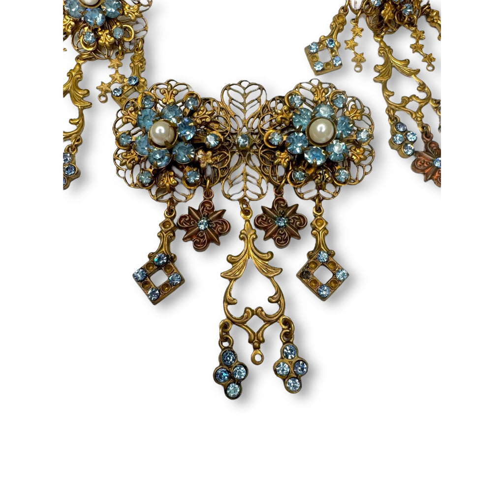 Vintage Filigree Dangle Brooch Earrings Set Blue Rhinestones Pierced