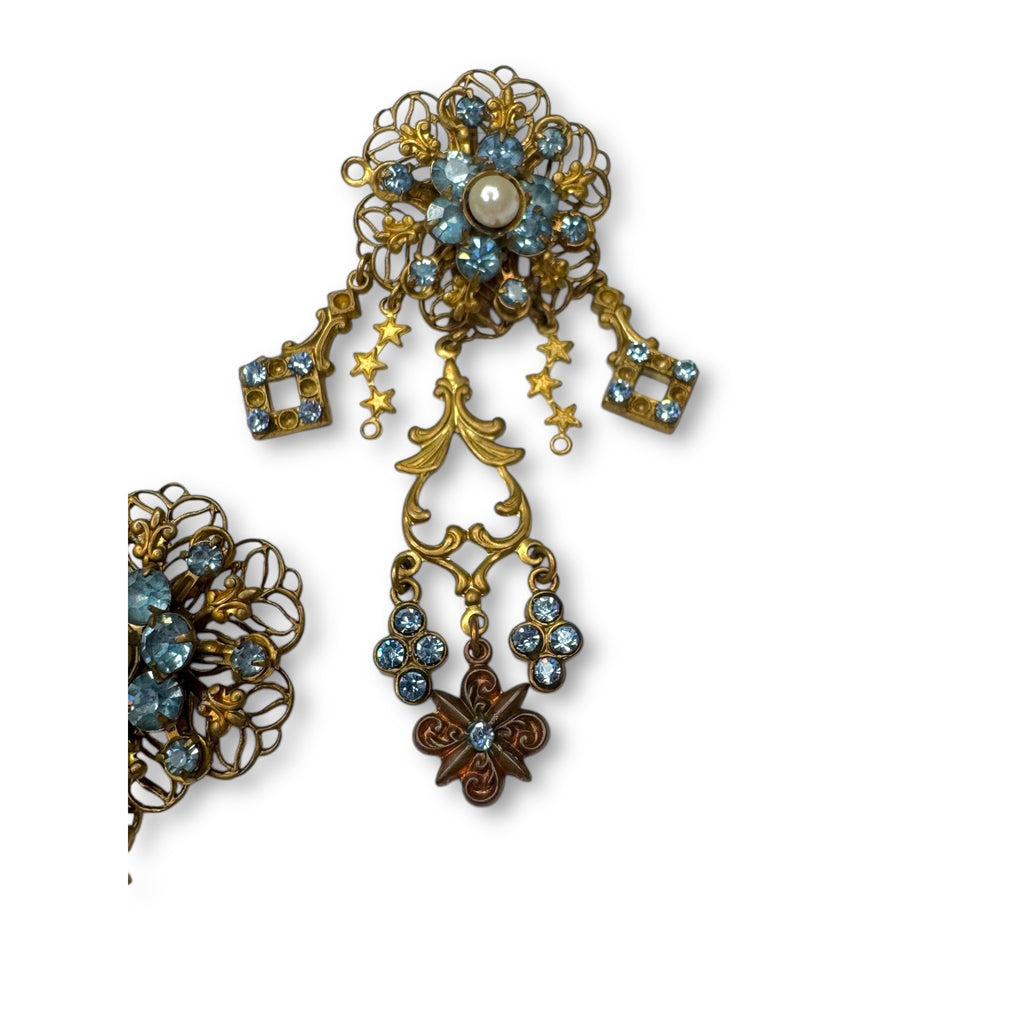 Vintage Filigree Dangle Brooch Earrings Set Blue Rhinestones Pierced