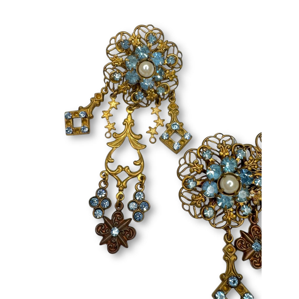 Vintage Filigree Dangle Brooch Earrings Set Blue Rhinestones Pierced