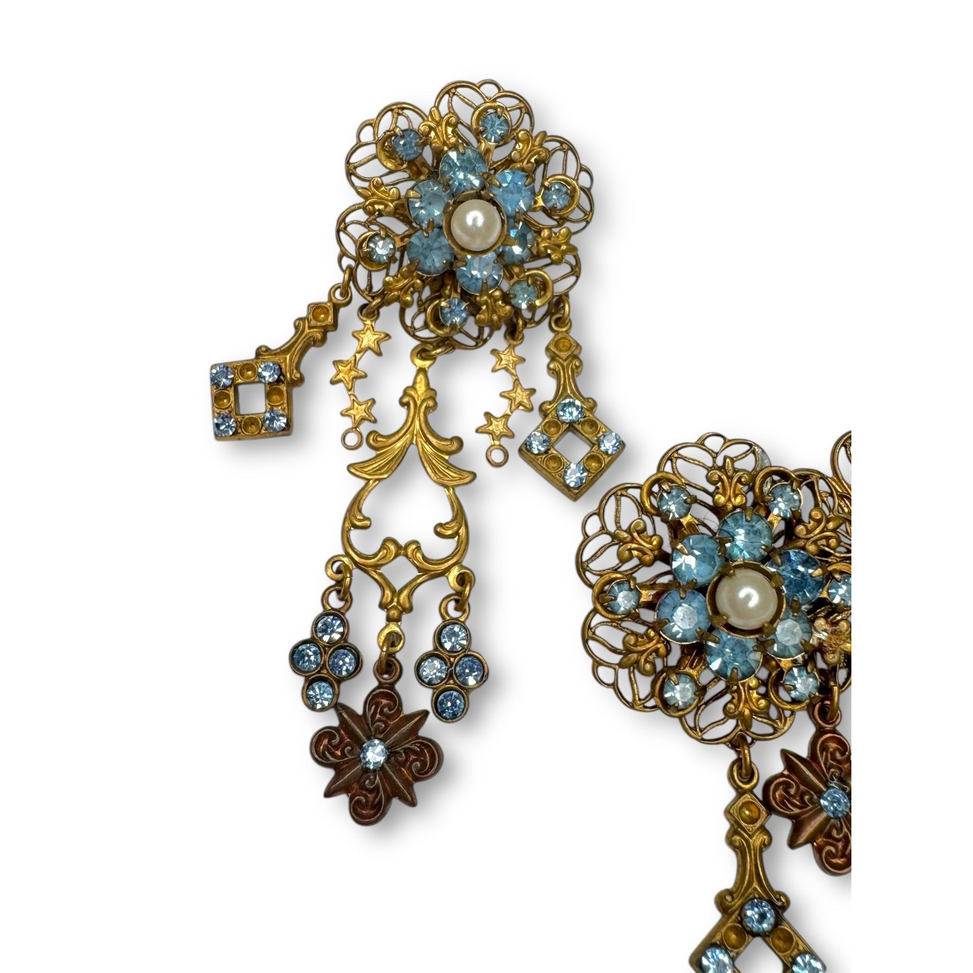 Vintage Filigree Dangle Brooch Earrings Set Blue Rhinestones Pierced