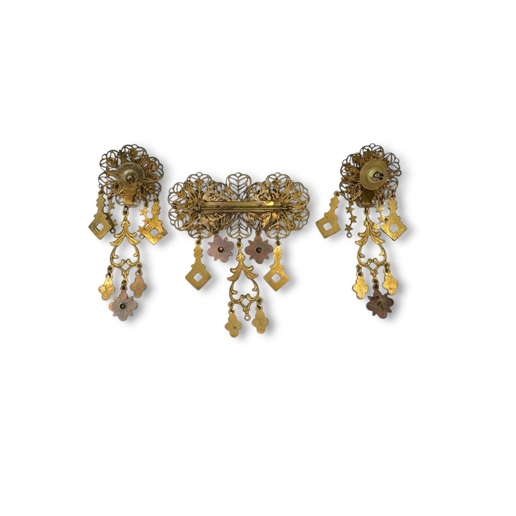 Vintage Filigree Dangle Brooch Earrings Set Blue Rhinestones Pierced