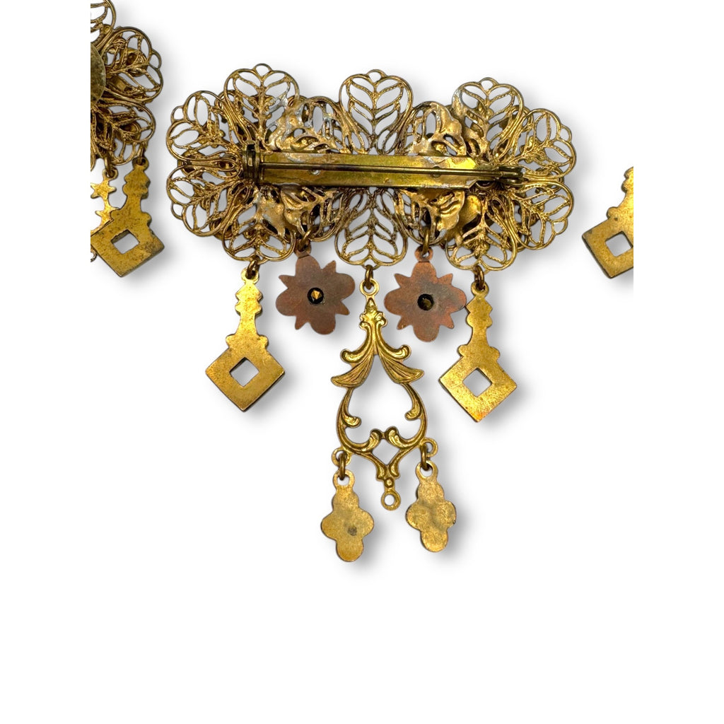 Vintage Filigree Dangle Brooch Earrings Set Blue Rhinestones Pierced