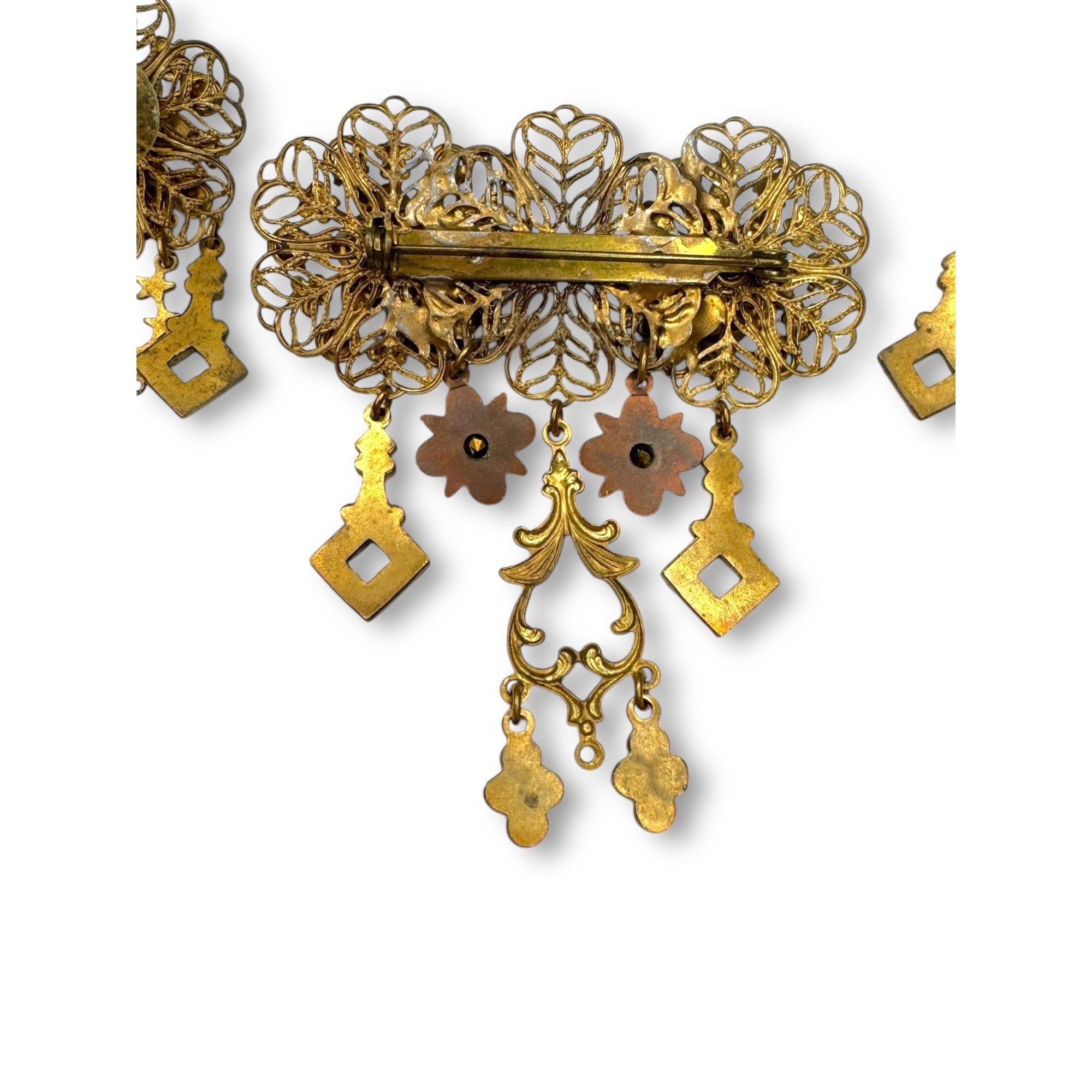 Vintage Filigree Dangle Brooch Earrings Set Blue Rhinestones Pierced