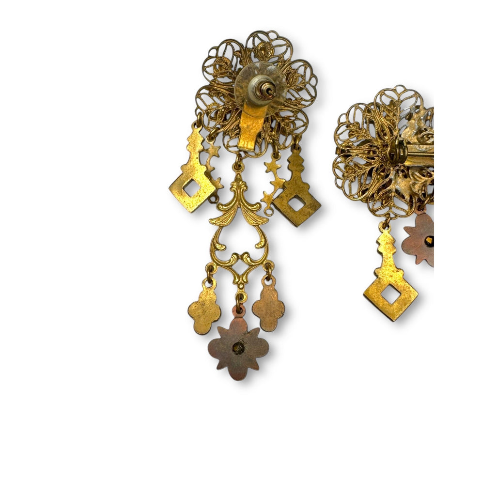 Vintage Filigree Dangle Brooch Earrings Set Blue Rhinestones Pierced