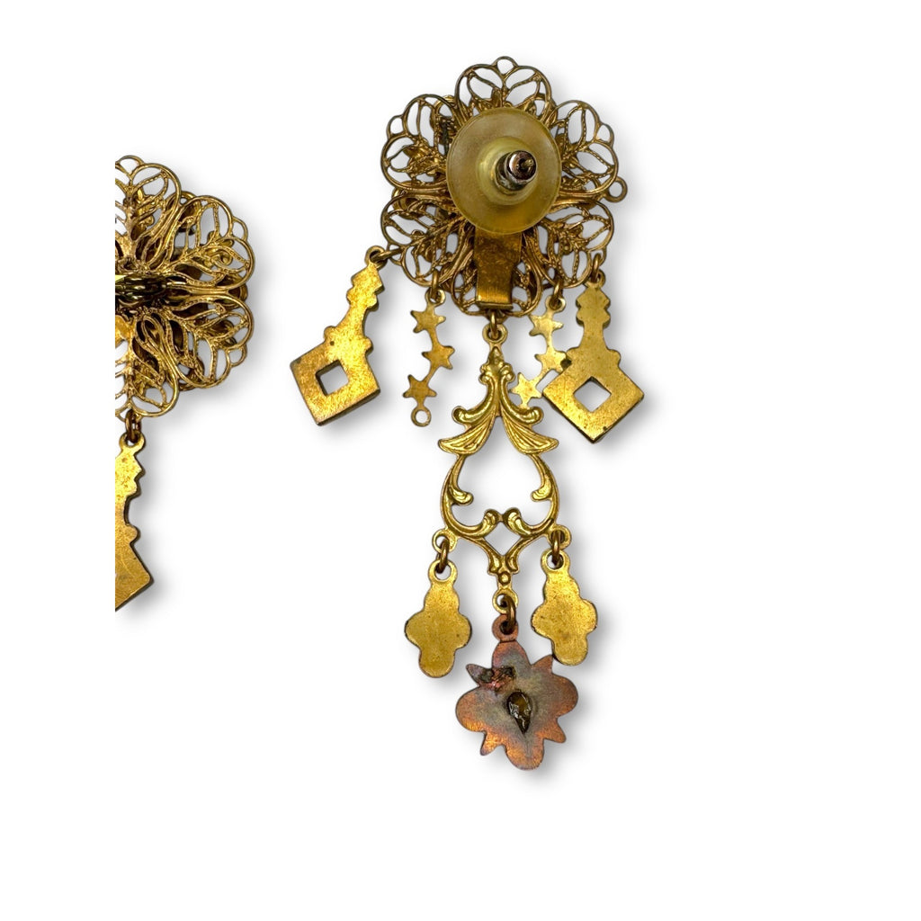 Vintage Filigree Dangle Brooch Earrings Set Blue Rhinestones Pierced
