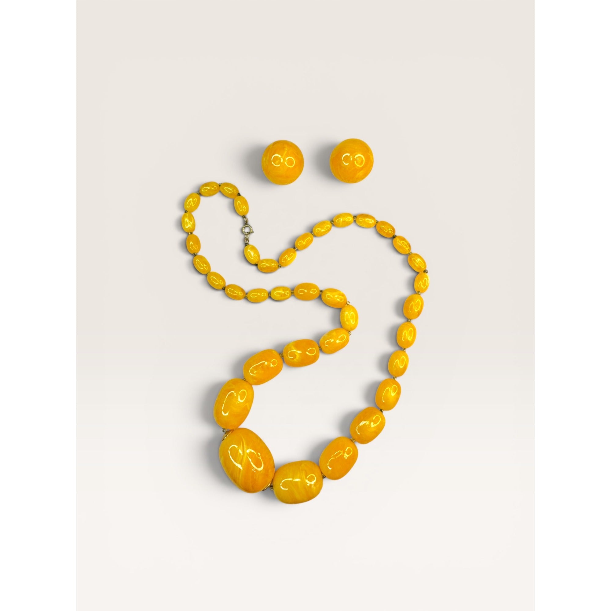 1960s Yellow Swirl Resin Bead Necklace Clip Earrings Set Hong Kong