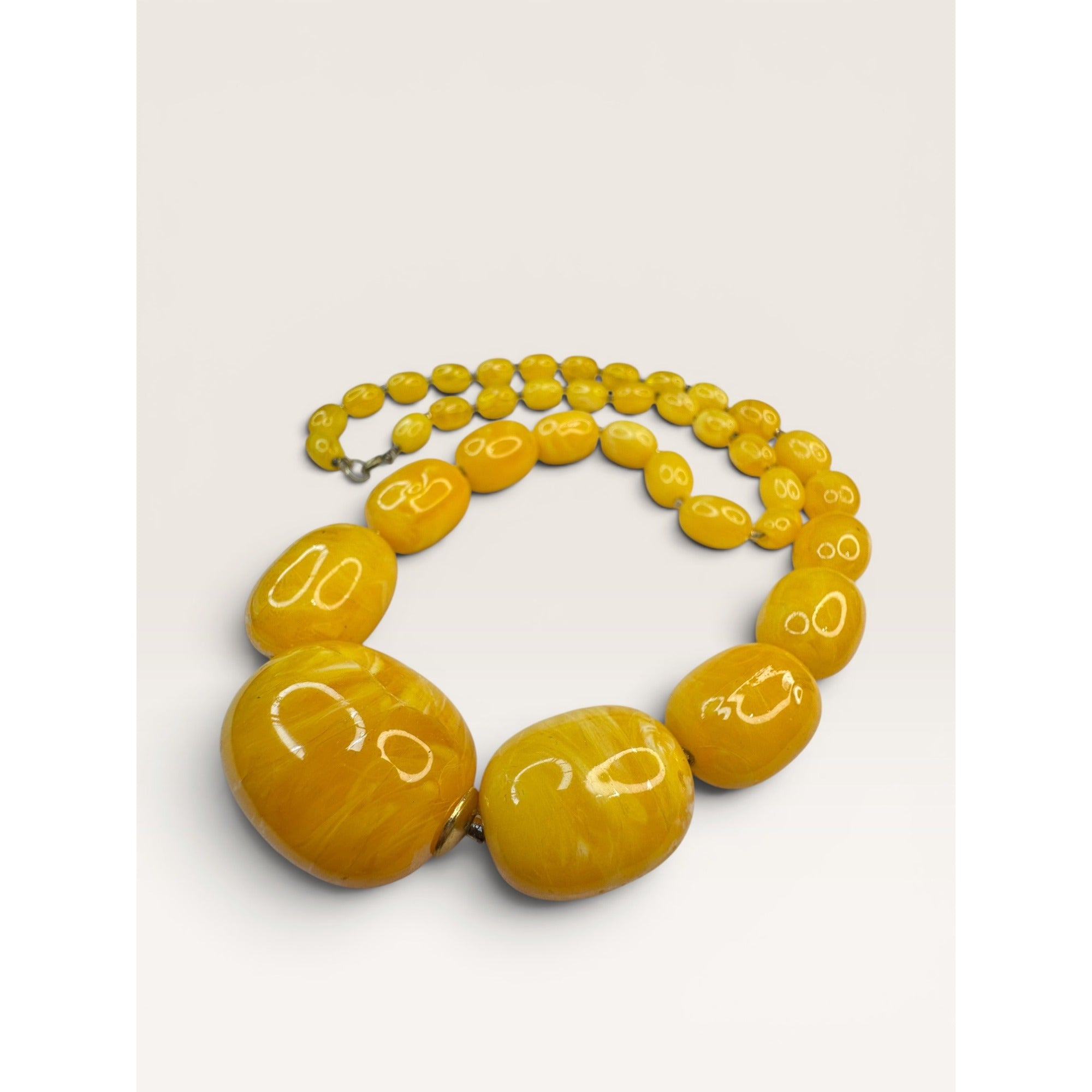 1960s Yellow Swirl Resin Bead Necklace Clip Earrings Set Hong Kong