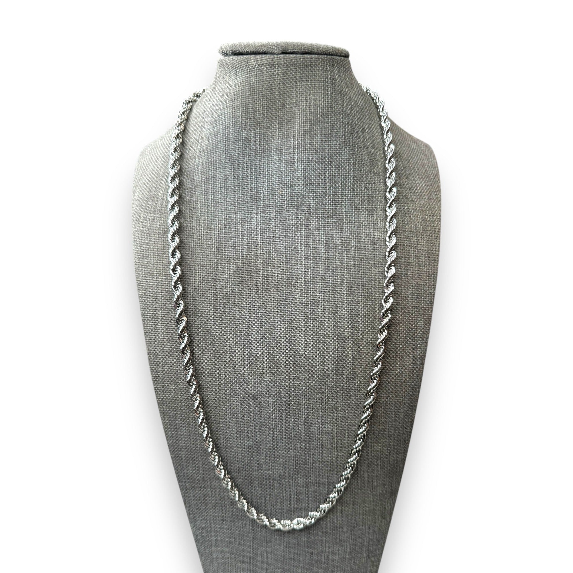 14K White Gold Plated Rope Chain Necklace 23.75" Lobster Claw Clasp