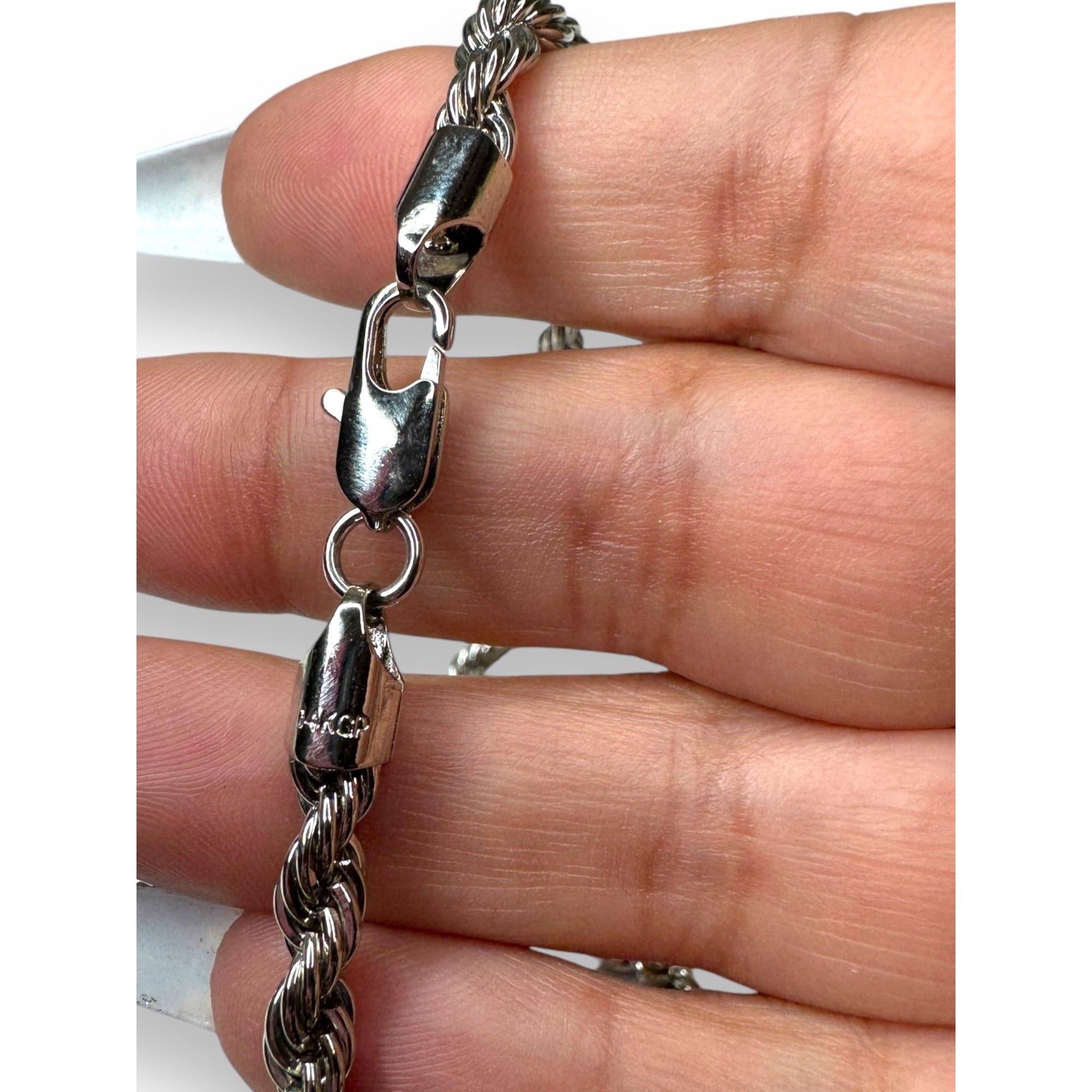 14K White Gold Plated Rope Chain Necklace 23.75" Lobster Claw Clasp