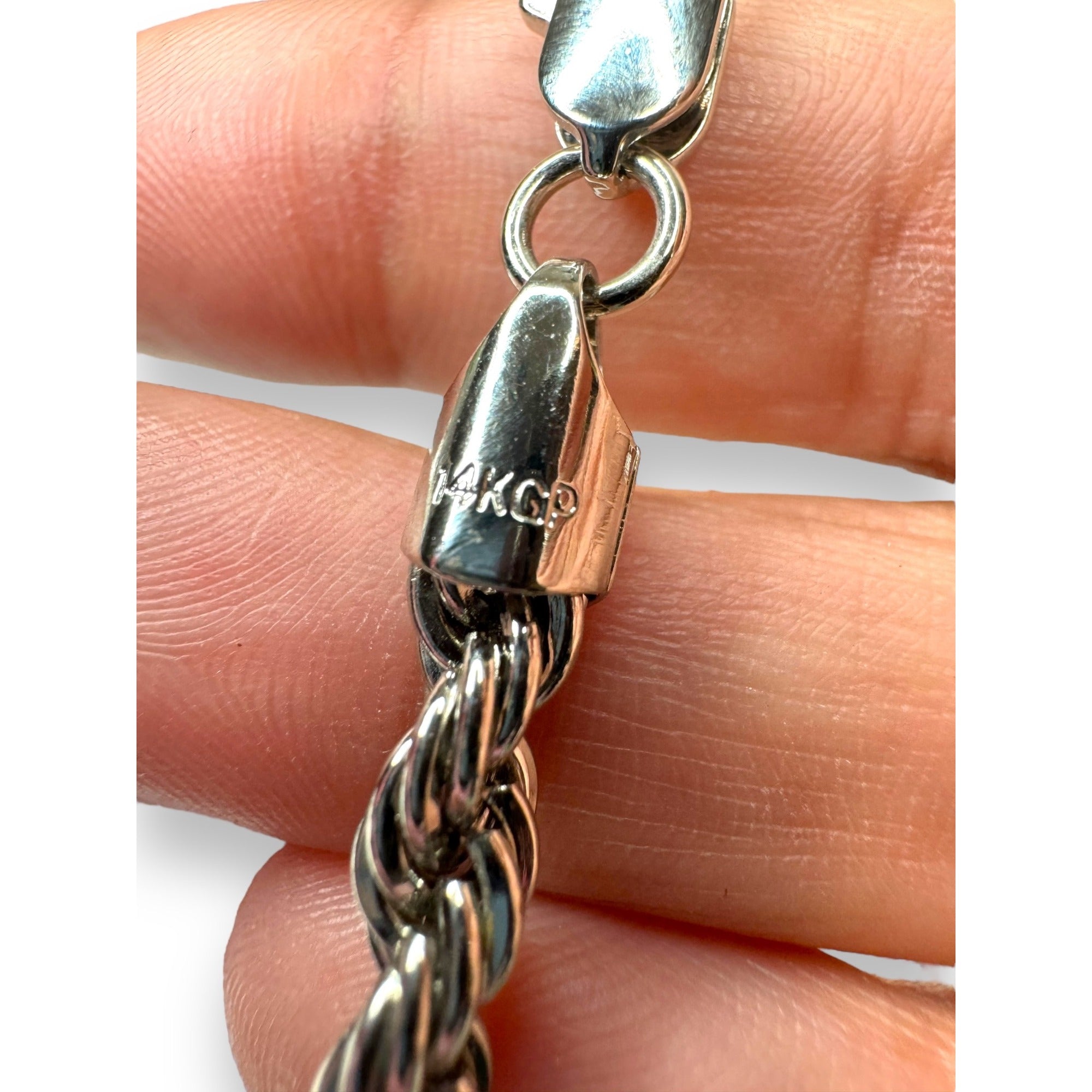 14K White Gold Plated Rope Chain Necklace 23.75" Lobster Claw Clasp