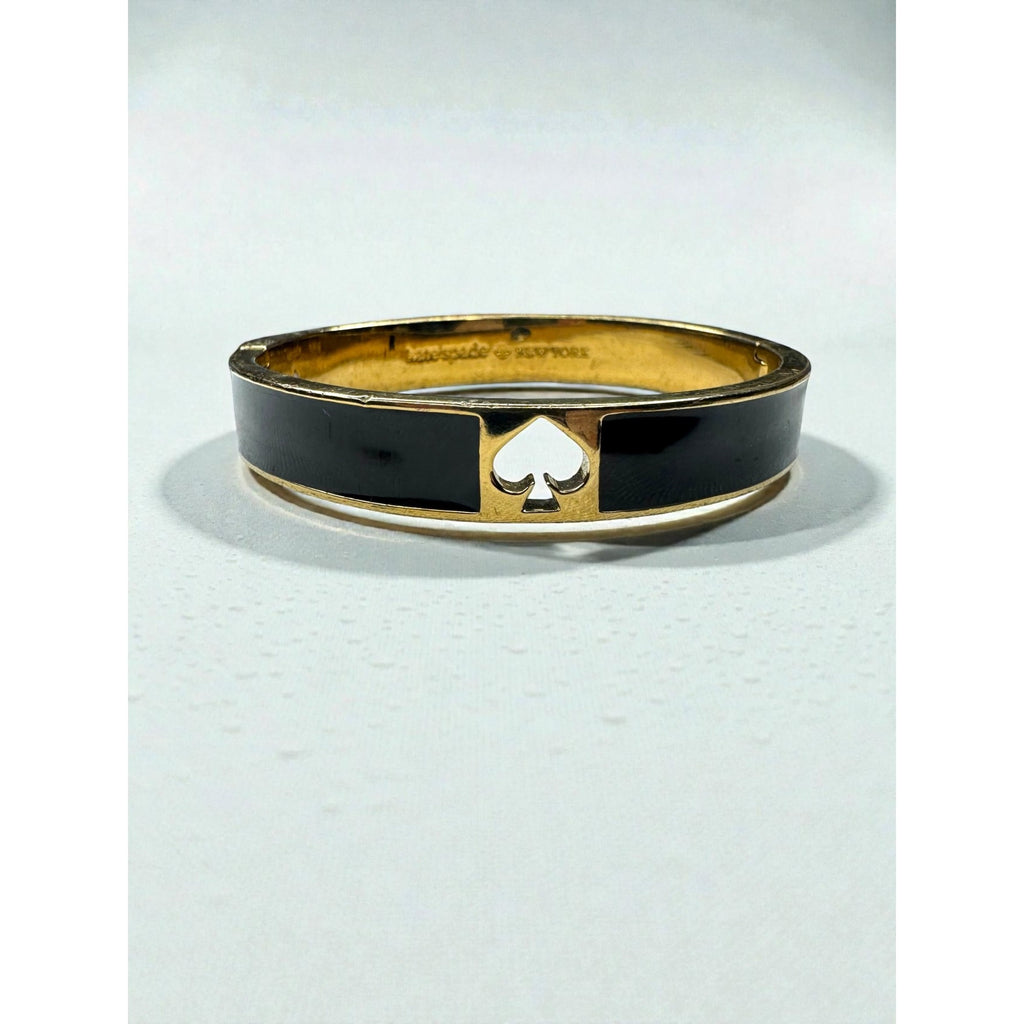 Kate Spade New York Black Enamel Spade Logo Gold Tone Hinged Bangle Bracelet