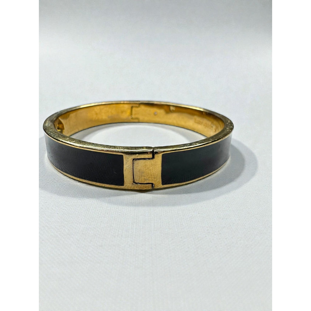 Kate Spade New York Black Enamel Spade Logo Gold Tone Hinged Bangle Bracelet