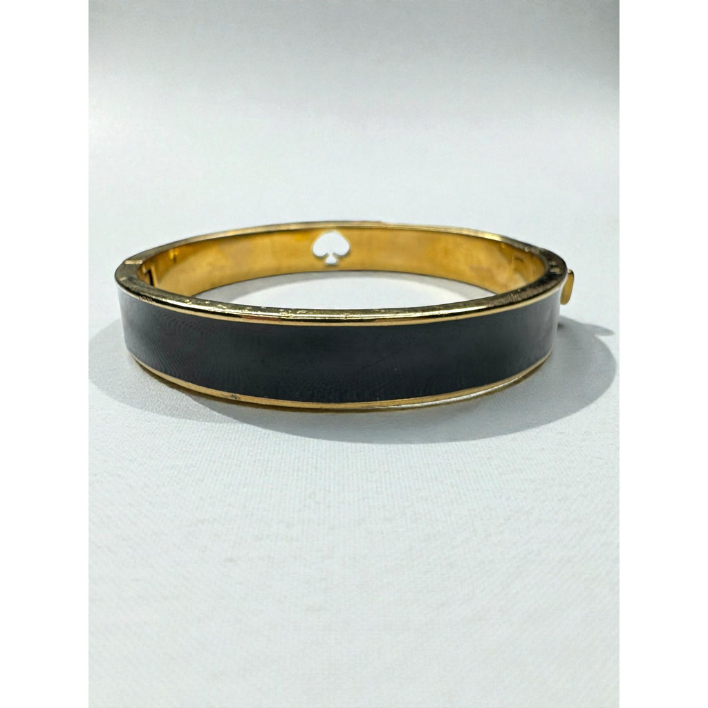 Kate Spade New York Black Enamel Spade Logo Gold Tone Hinged Bangle Bracelet