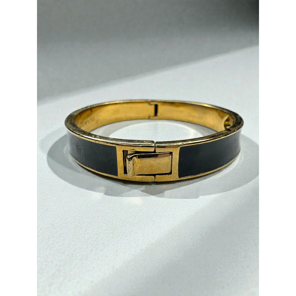 Kate Spade New York Black Enamel Spade Logo Gold Tone Hinged Bangle Bracelet