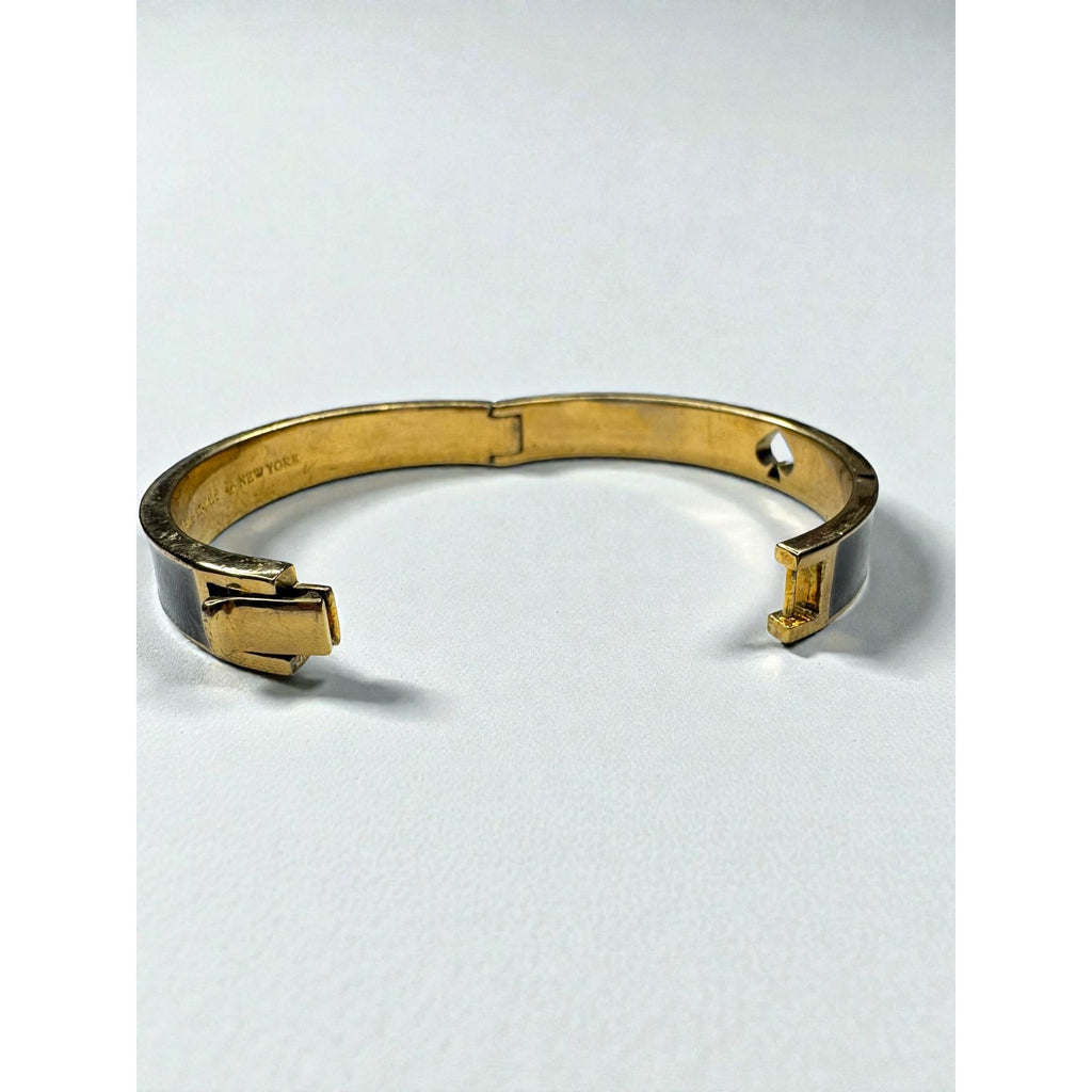 Kate Spade New York Black Enamel Spade Logo Gold Tone Hinged Bangle Bracelet
