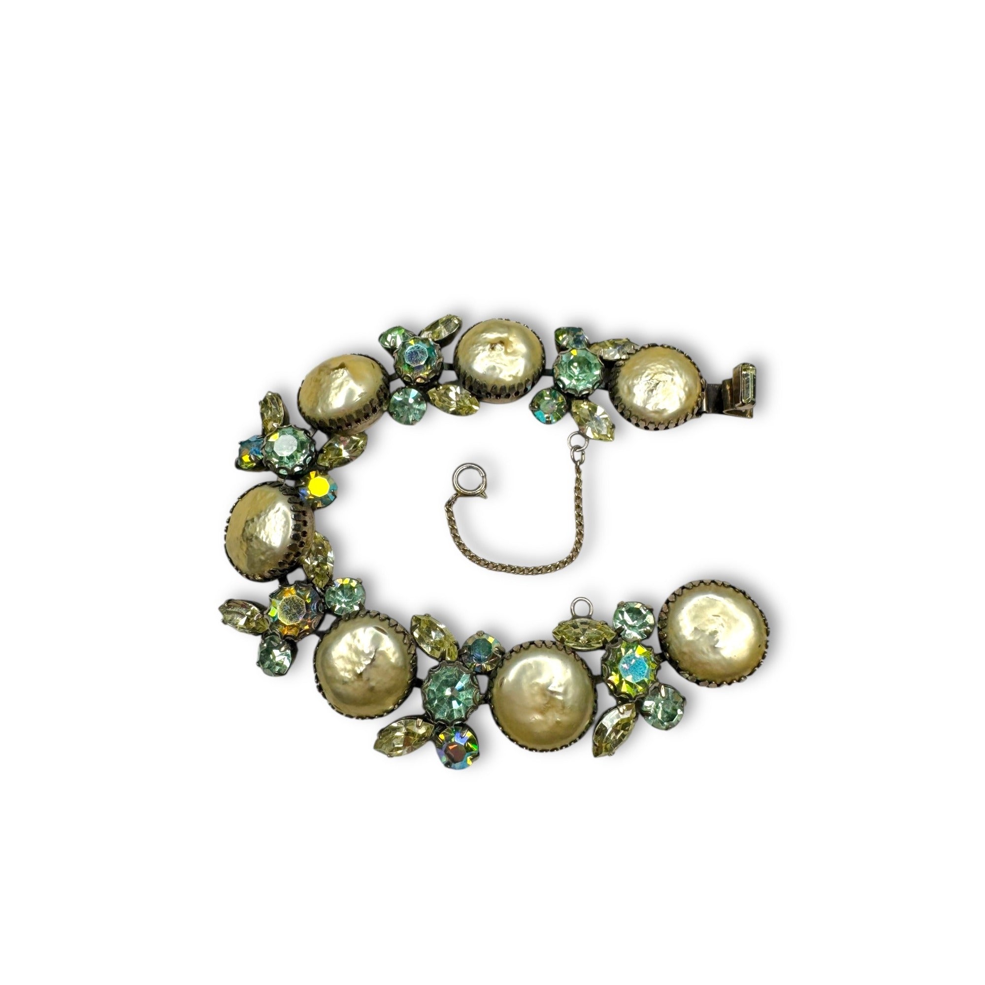 Regency Bracelet Earrings Set Faux Pearls Green Rhinestones Silver Tone