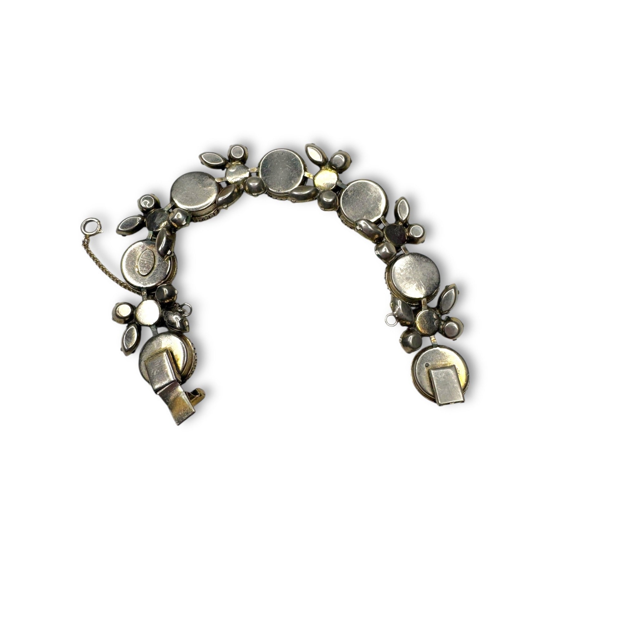 Regency Bracelet Earrings Set Faux Pearls Green Rhinestones Silver Tone