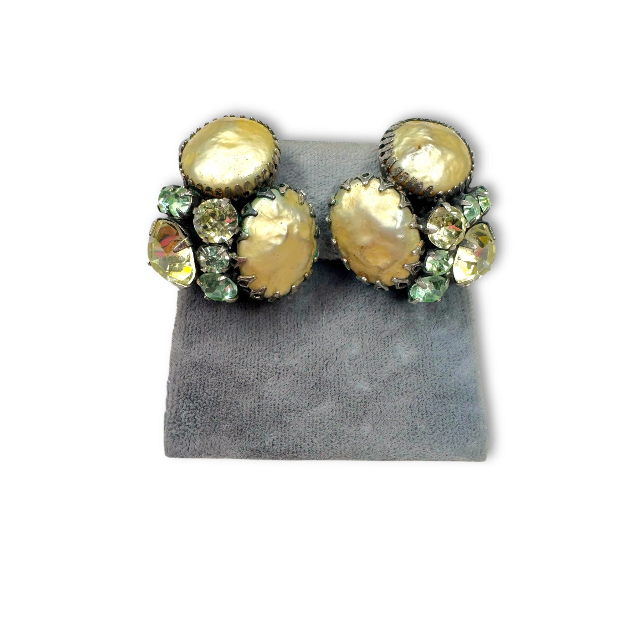 Regency Bracelet Earrings Set Faux Pearls Green Rhinestones Silver Tone